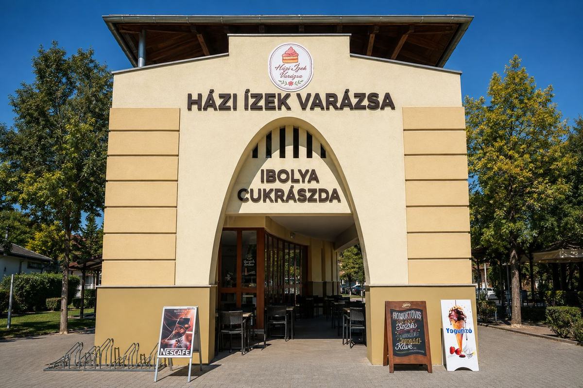Az Ibolya Cukrászda homlokzata Nagykőrösön, a Házi Ízek Varázsa felirattal